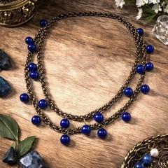 VTG Multi-Strand Bronze Toned Cobalt Blue Beaded Necklace Dangle Boho Chic 16″