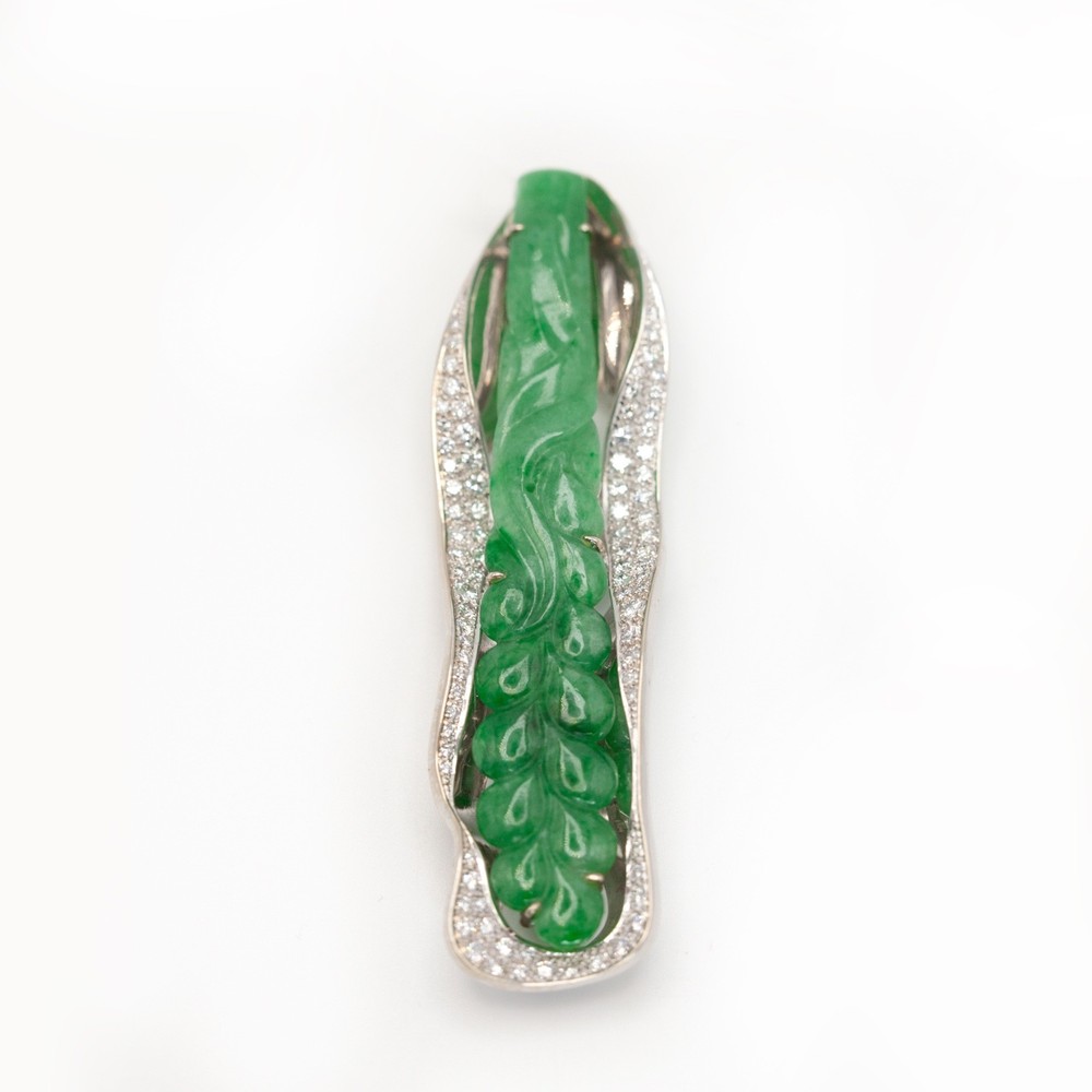 18K White Gold Carved Jade Diamond Brooch Pendant(20488-NOWHH)