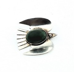 Sterling Silver Thunderbird Green Cabochon Vintage Mexican Small Brooch 1″ Pin