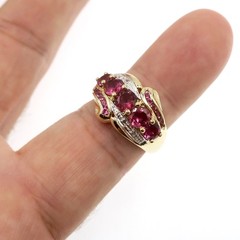 14k Solid Yellow Gold Natural Pink Tourmaline and Diamond Band Ring Size 7.75