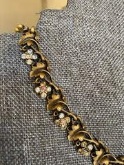 Vintage Trifari Brass Toned Leaf & Rhinestone Flower Choker Necklace AS IS