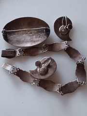 Vtg Siam Sterling Silver Black Niello Paisley Screw Back Earring Bracelet Brooch