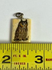 Vintage Hand Made Etched Great Horned Owl Pendent Ceramic Charm .5 Inches