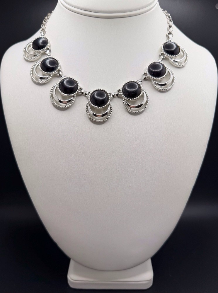 Vintage SARAH COVENTRY Silver Tone Faux Black Onyx Choker Necklace 17.5” Adjusts