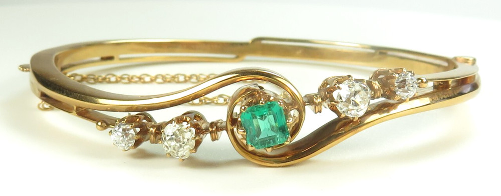 Antique Art Deco Colombian Emerald Diamond Bangle Bracelet 17K Rose Gold 6.25IC