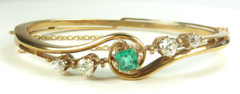 Antique Art Deco Colombian Emerald Diamond Bangle Bracelet 17K Rose Gold 6.25IC