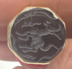 Antique Style Intaglio Ring – Gold Tone Band with Carved Black Stone