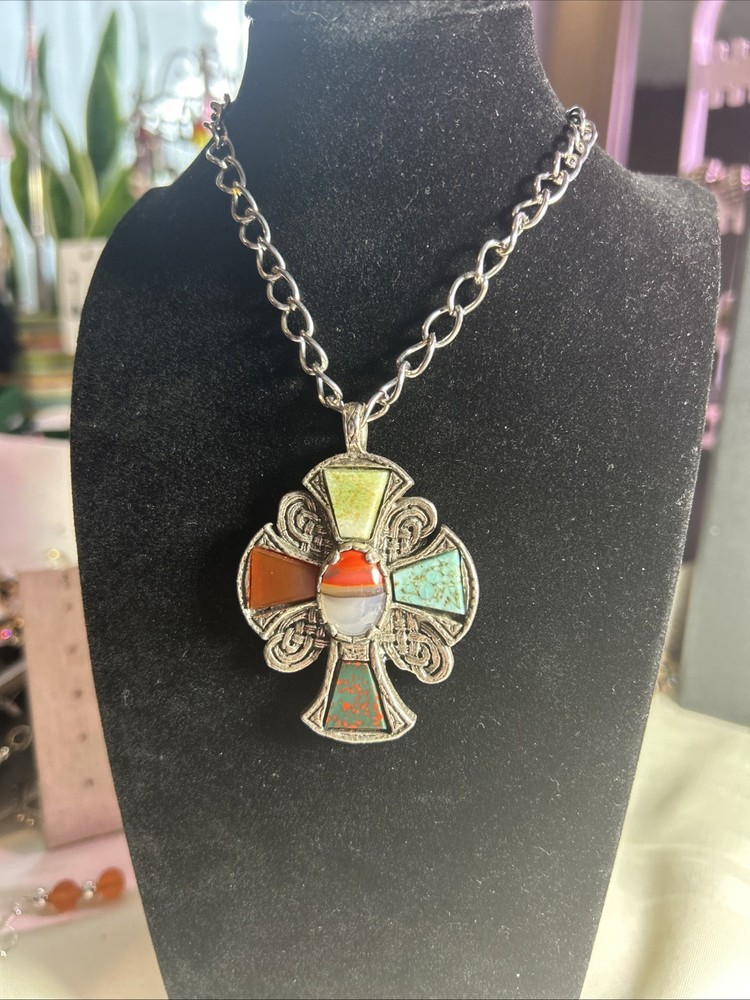 VTG MIRACLE CELTIC CROSS PENDANT NECKLACE COLOURED GLASS SEMI-PRECIOUS STONES