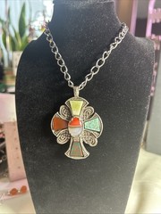 VTG MIRACLE CELTIC CROSS PENDANT NECKLACE COLOURED GLASS SEMI-PRECIOUS STONES