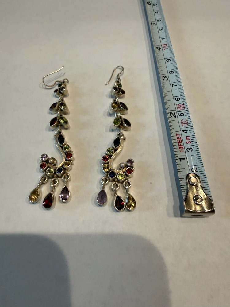 Vintage 925 Sterling Silver MF Multicolor Stone Chandelier Dangle Earrings