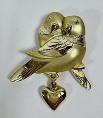 AJC Brooch Love Birds with Dangling Heart Gold Tone