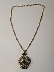 VTG Florenza Jeweled Gold Necklace Green Rhinestone Pearl Beauty Signed Italian