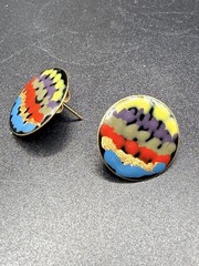 Vintage Cloisonné Enamel Stud Earrings Gold Tone Multicolor Abstract
