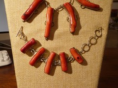 Contemporary Branch Raw Coral Necklace Bracelet Earrings Set On Sterling Silver