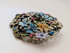 Vintage Enamel Flower Garden Brooch Multicolor Rhinestone Openwork Gunmetal Pin