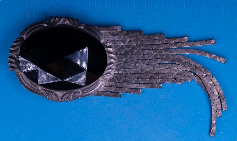Vintage Art Deco Brooch Pin Silver Tone 3.25″ Ornate Black Glass Fringe Tassel