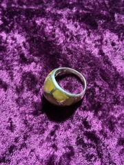 925 Sterling Silver Vintage Ring Yellow Mother Of Pearl Mosaic Inlay Dome