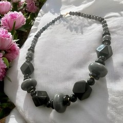 Vintage Modernist Geometric Chunky Statement 24”Necklace Black Gray Gold 1980s