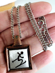 Vintage Skier Skiing Copper Silver Tone Pendant Necklace 18″ Spring Ring