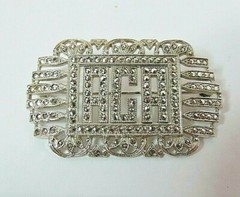 ANTIQUE LARGE LADIES STERLING SILVER ACA MARCASITE STONES PIN BROOCH 9.40 Grams