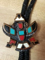 Turquoise Red White Copper-Tone Mexican Slide Bolo Tie – Black Cloth