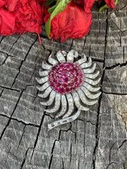 2.80Ct Round Cut Lab-Created Red Ruby Flower Brooch Pin 14K White Gold Plated