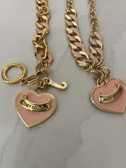 VINTAGE Y2K JUICY COUTURE GOLD TONE ENAMELED PEACH HEART NECKLACE & BRACELET