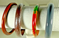 Lot of 4 Bangle Bracelets Wood-like Lacquered Painted 2 Gray 1 Brown 1 Multi EUC