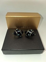Heidi Daus Signed Seashell Clip Earrings Black Enamel Aqua Crystal NIB