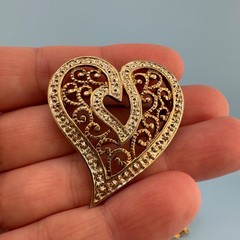 Vintage Heart Brooch Lot Gold Silver Tone Rhinestone Filigree Open Work Ribbon