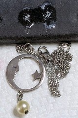 Vtg Sterling Faux Pearl Crescent Moon Man & Star Pendant 18″ Cable 925 Necklace