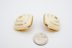Vintage Clip On Earrings Gold Tone White Enamel Square