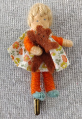 VTG Handcrafted Doll Pin Orange Holding Bear Brooch Stick Pin 2 3/4″ Worry Doll