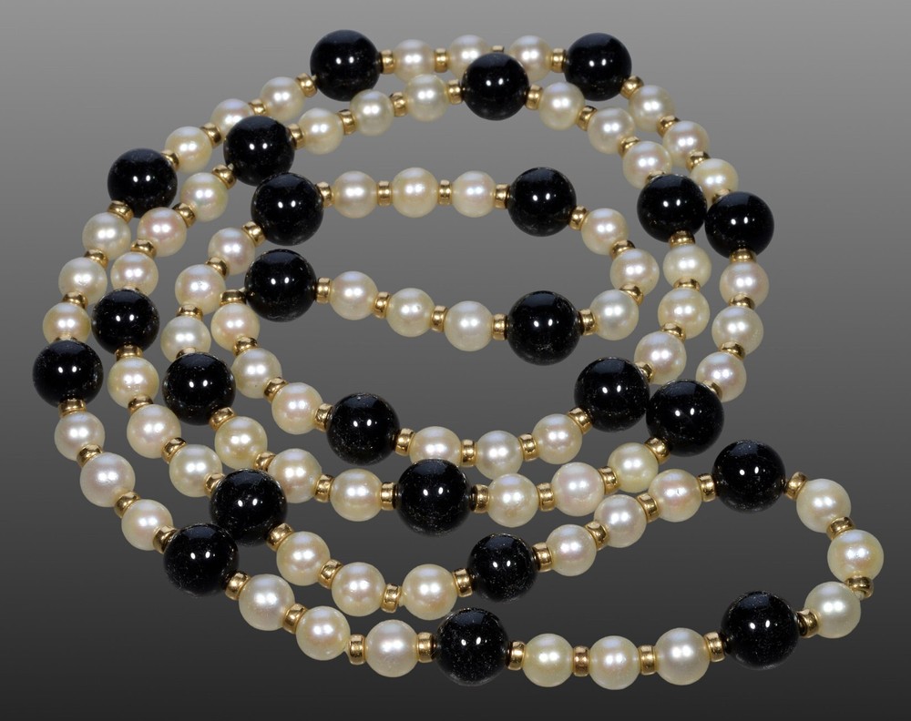 DRESSY 14K GOLD PEARL ONYX NECKLACE C.1950