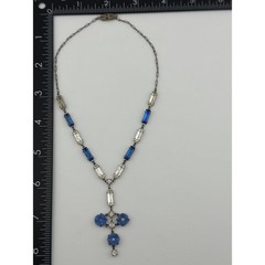 Antique Art Deco Rhinestone Flower Y Drop Necklace Silver Tone READ