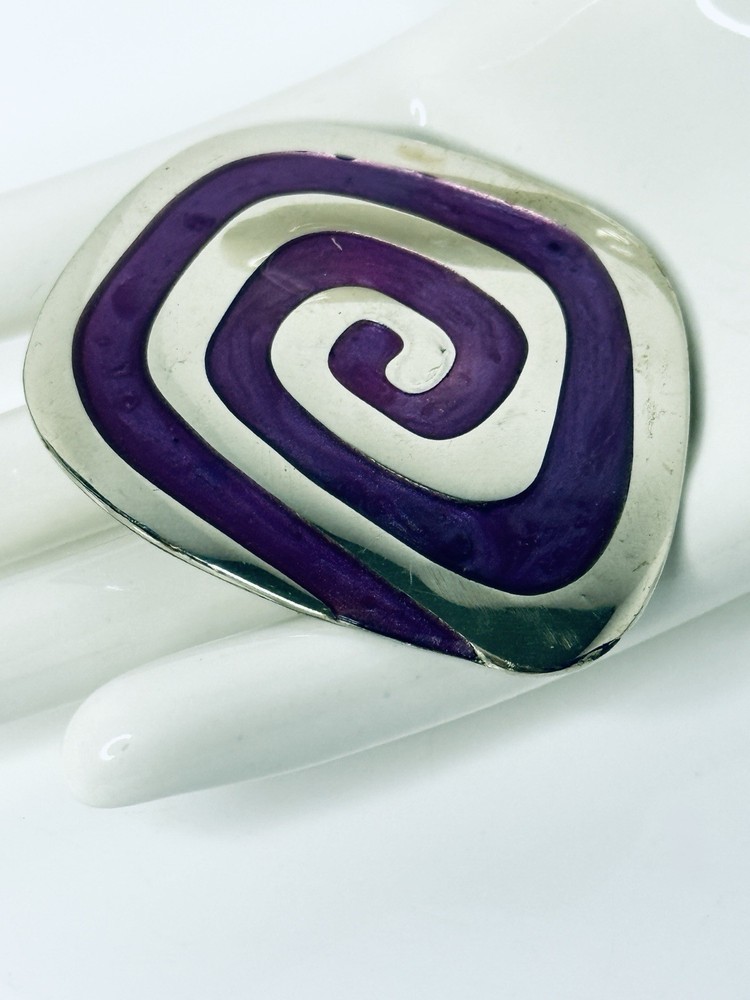 Vintage Mexican Alpaca Silver Enamel Brooch Purple Spiral Modernist Signed