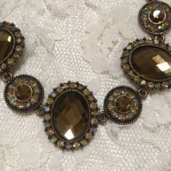 Brown Copper Tone Rhinestone Bracelet Oval Stones Aurora Borealis Elegant Chain