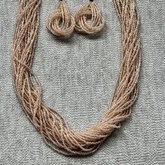 Beautiful Vintage Glass Seed Bead Necklace & Earrings Peach/Tan