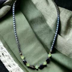 Vintage Green Phrenite Hematite Gemstone Bead Necklace 18″ Healing Property