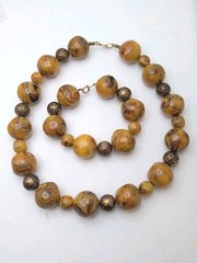 Vintage 195Os Orange Brown Mix Early Plastic Beads Necklace 17″ Bracelet 7″ Set