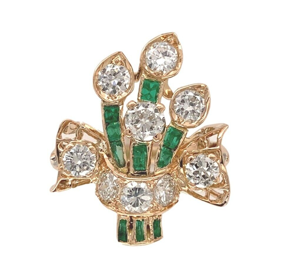 14k Yellow Gold 1.50 Carat TW Diamond Ring Bouquet of Flowers Size 6 (#J7015)