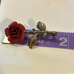 Vintage MCM 3D Matte Red Enamel Rose Brooch Pin Gold Tone Textured Stem Flower
