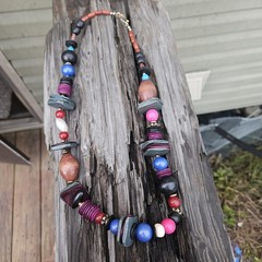 Vintage Artisan Mixed Media Wood Stone Shell Bead Statement Necklace Colorful…