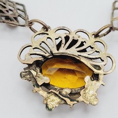 Czech Glass Art Nouveau Deco Flower Motif Brass Festoon Bib Amber Citrine 15 In