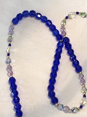 Gorgeous Long Blue Green Clear Crystal Necklace Gold Bead Accents 34” #195