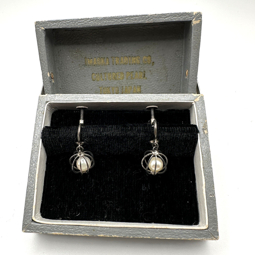 Vintage Japanese Cultured Pearl Earrings Dangle Screwback Sterling Silver