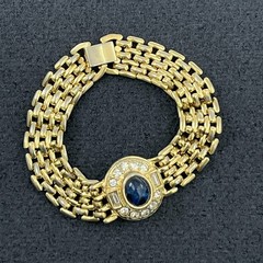 Vintage Gold Tone Watch Link Style Bracelet Center Blue Cabochon Rhinestones