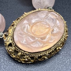 Chinese Export Blush Pink Carved Rose Quartz Necklace Floral Pendant 17 Inches