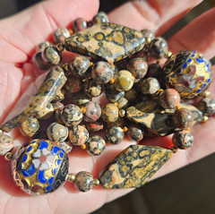 Vintage Necklace LARGE Cloisonne Bead Leopard Jasper Gemstone Knotted 33″