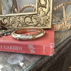 Vintage Gold and White Enamel Bangle Bracelet for Women